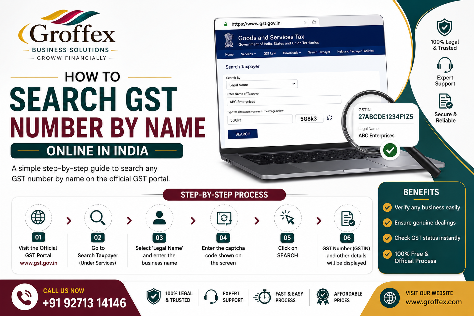 Step-by-step guide showing how to search GST number by business name online in India using the GST portal and verify GSTIN details.