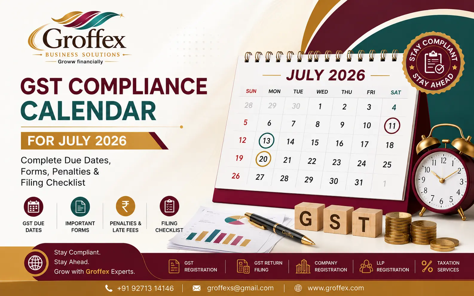 GST Registration Online July 2026 GST Compliance Calendar with GST due dates, forms, penalties, and filing checklist by Groffex